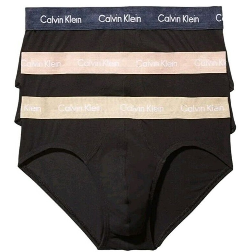 Calvin Klein Men's Cotton Stretch 3-Pack Hip Brief, Black w Multi Waistb…